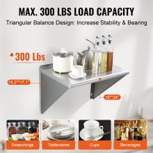 VEVOR 45.7 x 61 cm Stainless Steel Shelf, Wall Mounted Floating Shelving with Brackets, 136.1 kg Load Capacity Commercial Shelves, Heavy Duty Storage Rack for Restaurant, Kitchen, Bar, Home, and Hotel
