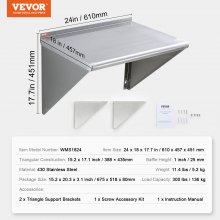 VEVOR 18" x 24" Stainless Steel Shelf, Wall Mounted Floating Shelving with Brackets, 300 lbs Load Capacity Commercial Shelves, Heavy Duty Storage Rack for Restaurant, Kitchen, Bar, Home, and Hotel