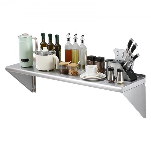 VEVOR 18" x 48" Stainless Steel Shelf, Wall Mounted Floating Shelving with Brackets, 400 lbs Load Capacity Commercial Shelves, Heavy Duty Storage Rack for Restaurant, Kitchen, Bar, Home, and Hotel
