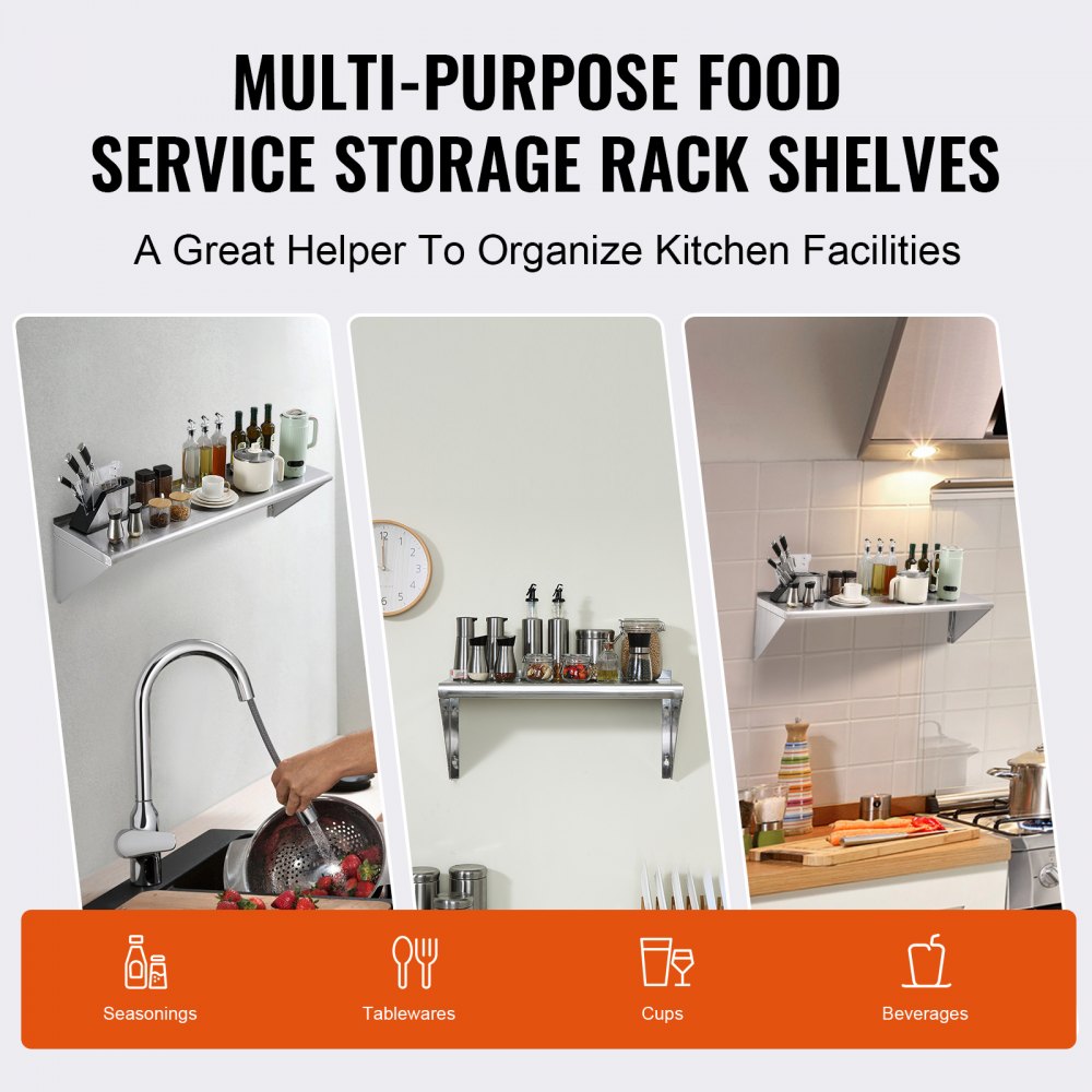 VEVOR 45.7 x 121.9 cm Stainless Steel Shelf, Wall Mounted Floating Shelving with Brackets, 181.4 kg Load Capacity Commercial Shelves, Heavy Duty Storage Rack for Restaurant, Kitchen, Bar, Home, and Hotel