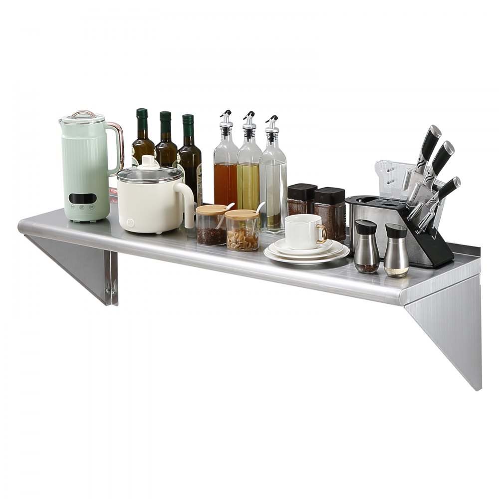 Étagère en acier inoxydable VEVOR 18" x 48", étagère flottante murale avec supports, capacité de charge de 400 lb, étagères commerciales, support de rangement robuste pour restaurant, cuisine, bar, maison et hôtel