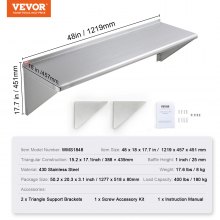 VEVOR 14" x 48" Stainless Steel Shelf, Wall Mounted Floating Shelving with Brackets, 400 lbs Load Capacity Commercial Shelves, Heavy Duty Storage Rack for Restaurant, Kitchen, Bar, Home, and Hotel