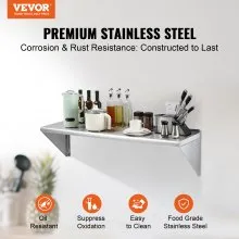 VEVOR 45.7 x 121.9 cm Stainless Steel Shelf, Wall Mounted Floating Shelving with Brackets, 181.4 kg Load Capacity Commercial Shelves, Heavy Duty Storage Rack for Restaurant, Kitchen, Bar, Home, and Hotel