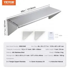 VEVOR 45.7 x 121.9 cm Stainless Steel Shelf, Wall Mounted Floating Shelving with Brackets, 181.4 kg Load Capacity Commercial Shelves, Heavy Duty Storage Rack for Restaurant, Kitchen, Bar, Home, and Hotel
