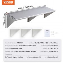 VEVOR 18" x 60" Stainless Steel Shelf, Wall Mounted Floating Shelving with Brackets, 450 lbs Load Capacity Commercial Shelves, Heavy Duty Storage Rack for Restaurant, Kitchen, Bar, Home, and Hotel