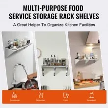 VEVOR 45.7 cm x 152.4 cm Stainless Steel Shelf, Wall Mounted Floating Shelving with Brackets, 204.1 kg Load Capacity Commercial Shelves, Heavy Duty Storage Rack for Restaurant, Kitchen, Bar, Home, and Hotel