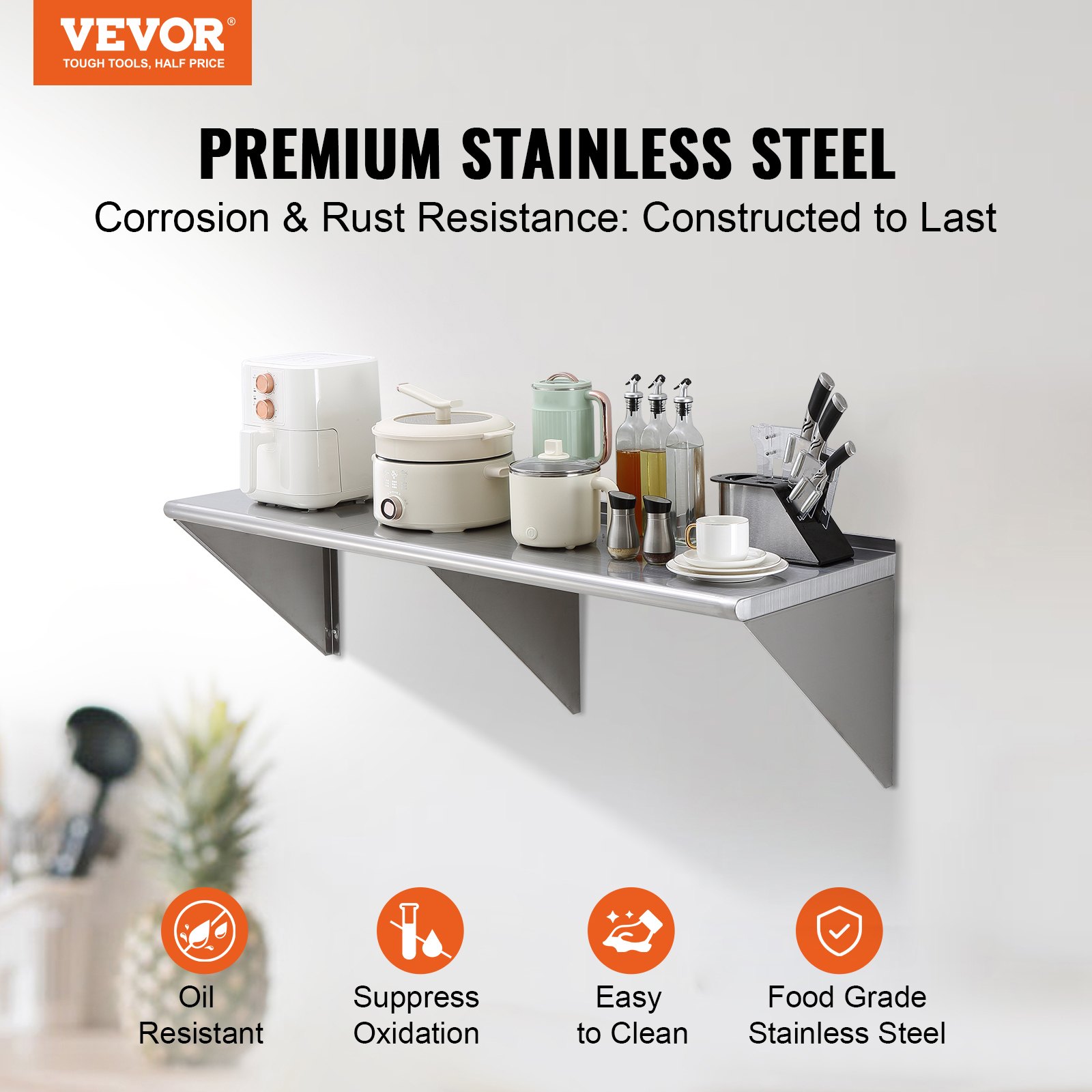 VEVOR 45.7 cm x 152.4 cm Stainless Steel Shelf, Wall Mounted Floating Shelving with Brackets, 204.1 kg Load Capacity Commercial Shelves, Heavy Duty Storage Rack for Restaurant, Kitchen, Bar, Home, and Hotel