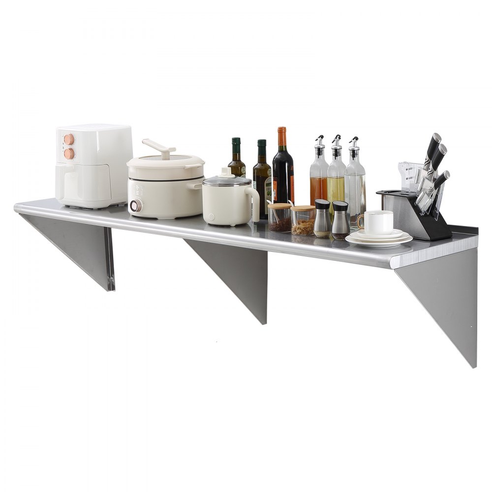 VEVOR stainless steel shelf with kitchen appliances, bottles, spices, and knives neatly organized.