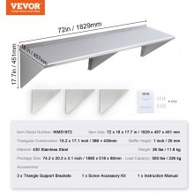VEVOR 72" x 18" Stainless Steel Wall Mounted Shelf Kitchen Restaurant Shelving