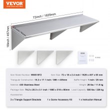 VEVOR 18" x 72" Stainless Steel Shelf, Wall Mounted Floating Shelving with Brackets, 500 lbs Load Capacity Commercial Shelves, Heavy Duty Storage Rack for Restaurant, Kitchen, Bar, Home, and Hotel