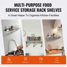VEVOR 18" x 72" Stainless Steel Shelf, Wall Mounted Floating Shelving with Brackets, 500 lbs Load Capacity Commercial Shelves, Heavy Duty Storage Rack for Restaurant, Kitchen, Bar, Home, and Hotel