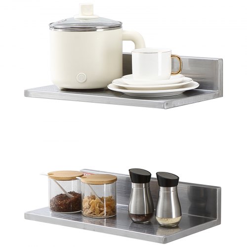 VEVOR 8.6" x 16" Stainless Steel Shelf, Wall Mounted Floating Shelving with Backsplash, 44 lbs Load Capacity Commercial Shelves, Heavy Duty Storage Rack for Restaurant, Kitchen, Bar, Home, and Hotel