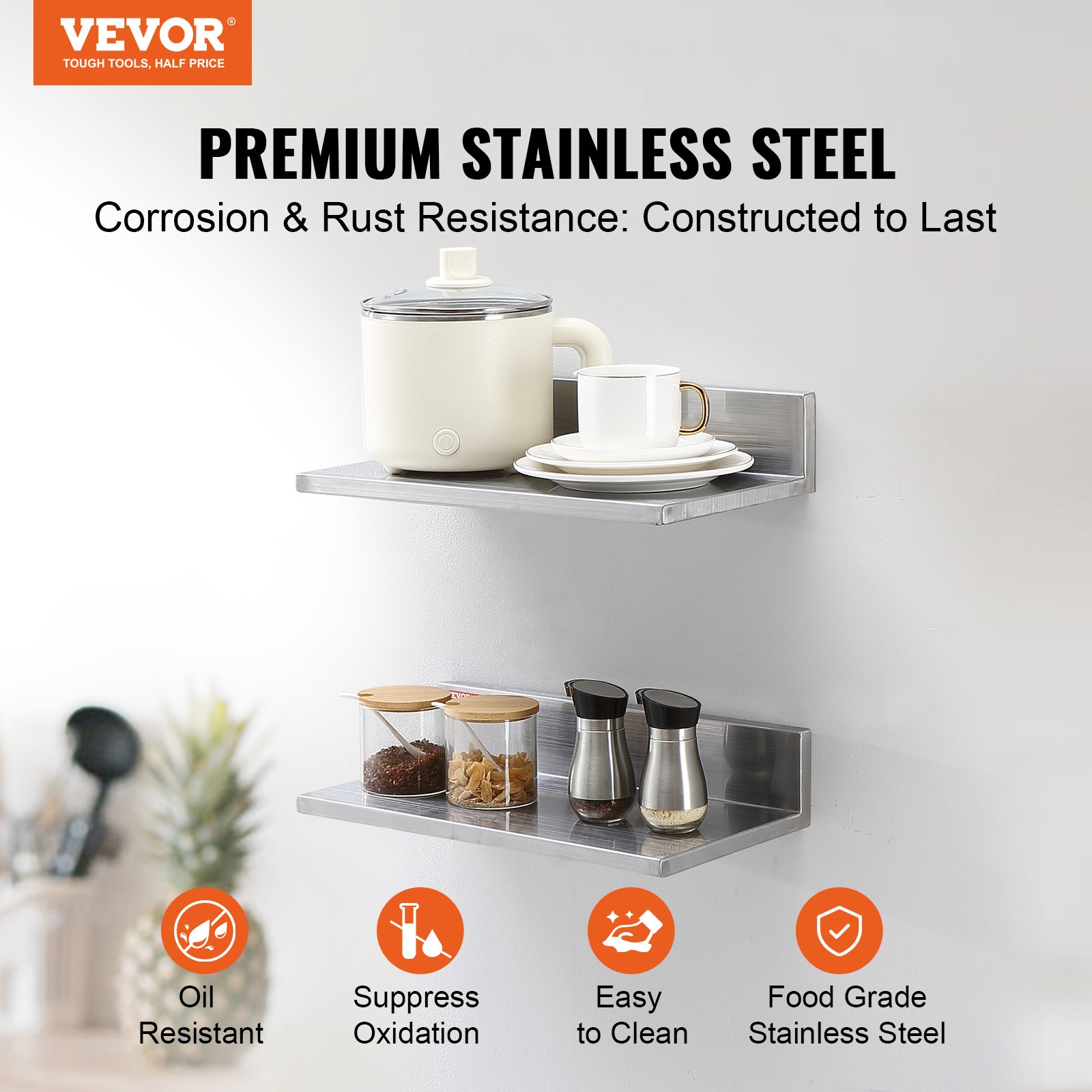 VEVOR 21.8 x 40.6 cm Stainless Steel Shelf, Wall Mounted Floating Shelving with Backsplash, 20 kg Load Capacity Commercial Shelves, Heavy Duty Storage Rack for Restaurant, Kitchen, Bar, Home, and Hotel