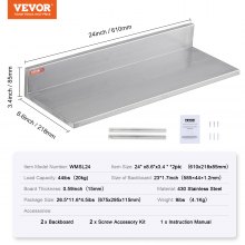 VEVOR 8.6" x 24" Stainless Steel Shelf, Wall Mounted Floating Shelving with Backsplash, 44 lbs Load Capacity Commercial Shelves, Heavy Duty Storage Rack for Restaurant, Kitchen, Bar, Home, and Hotel