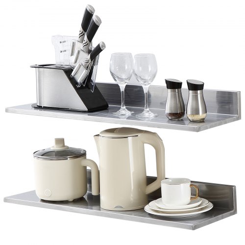 VEVOR 8.6" x 30" Stainless Steel Shelf, Wall Mounted Floating Shelving with Backsplash, 44 lbs Load Capacity Commercial Shelves, Heavy Duty Storage Rack for Restaurant, Kitchen, Bar, Home, and Hotel (2 Packs)
