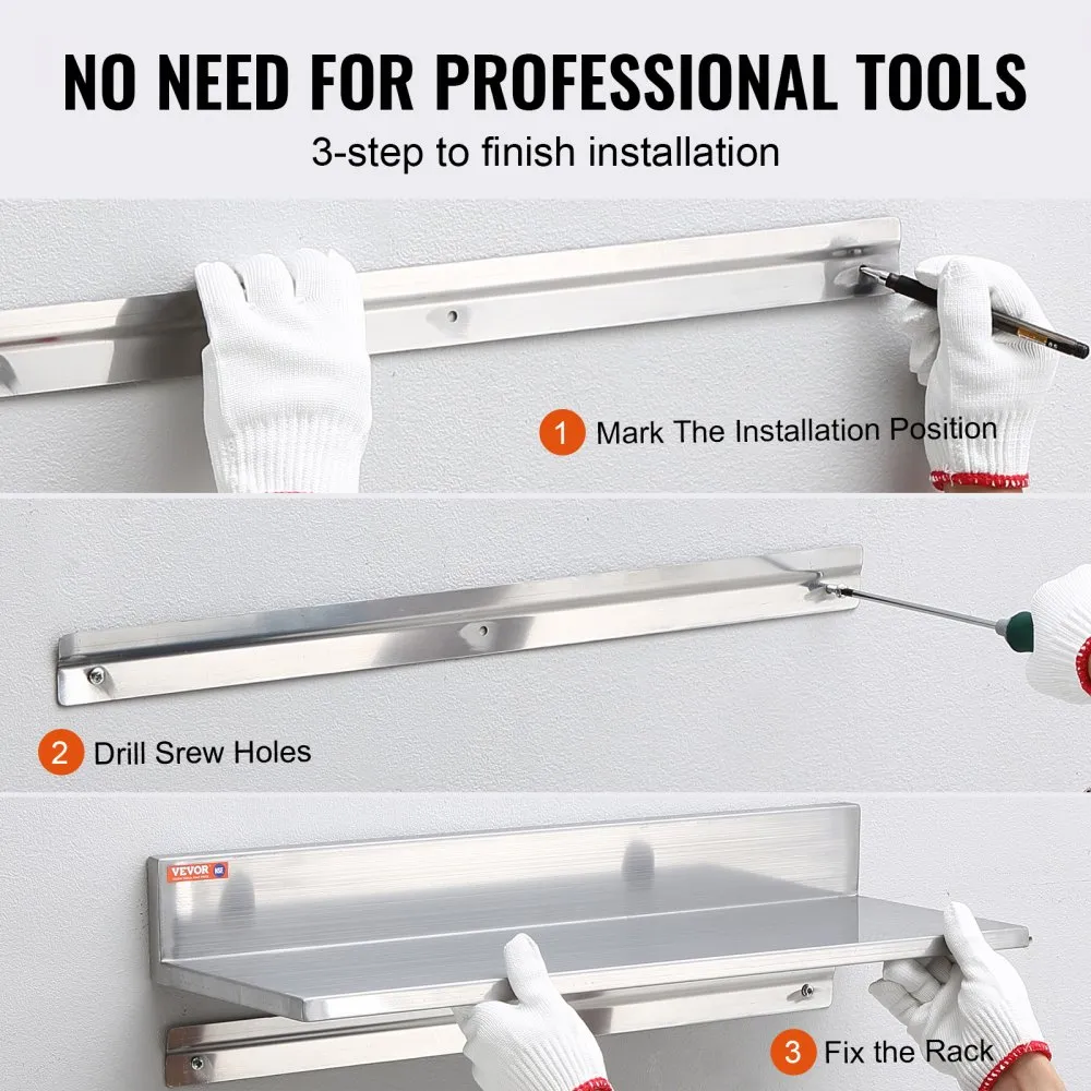 installing VEVOR stainless steel shelf in three steps: mark position, drill holes, fix the rack.