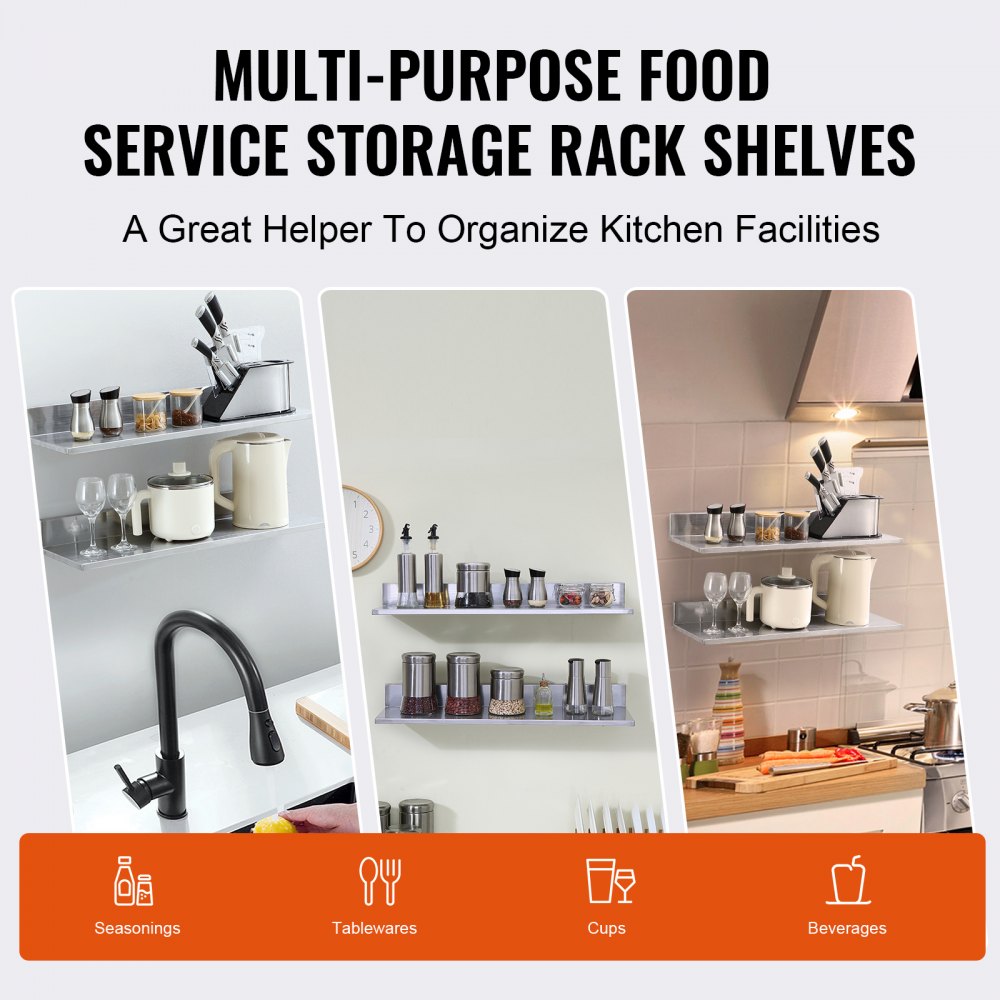 VEVOR 21.8 x 76.2 cm Stainless Steel Shelf, Wall Mounted Floating Shelving with Backsplash, 20 kg Load Capacity Commercial Shelves, Heavy Duty Storage Rack for Restaurant, Kitchen, Bar, Home, and Hotel