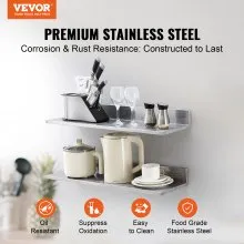 VEVOR 8.6" x 30" Stainless Steel Shelf, Wall Mounted Floating Shelving with Backsplash, 44 lbs Load Capacity Commercial Shelves, Heavy Duty Storage Rack for Restaurant, Kitchen, Bar, Home, and Hotel