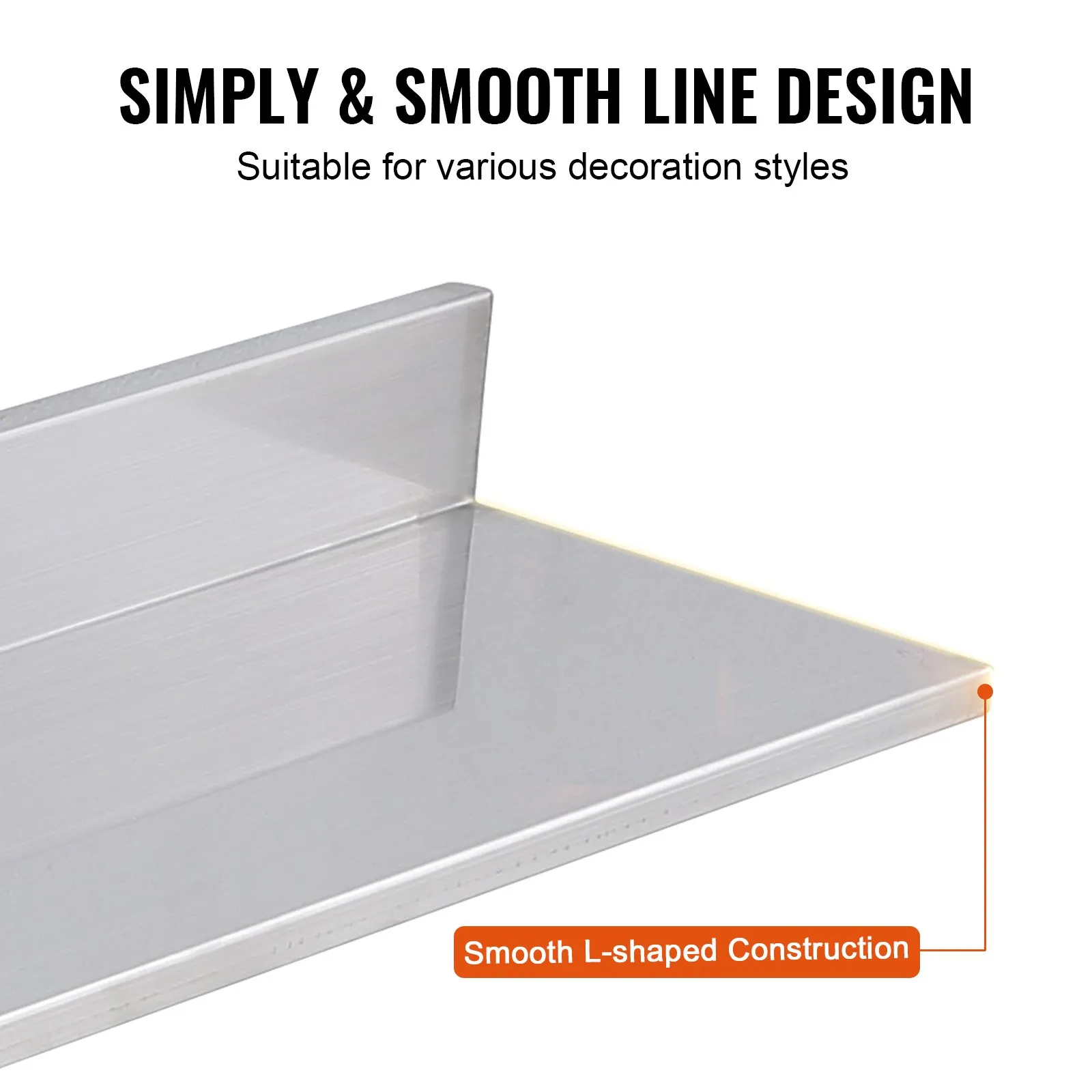 VEVOR stainless steel shelf with smooth l-shaped construction and modern design for various decor styles.