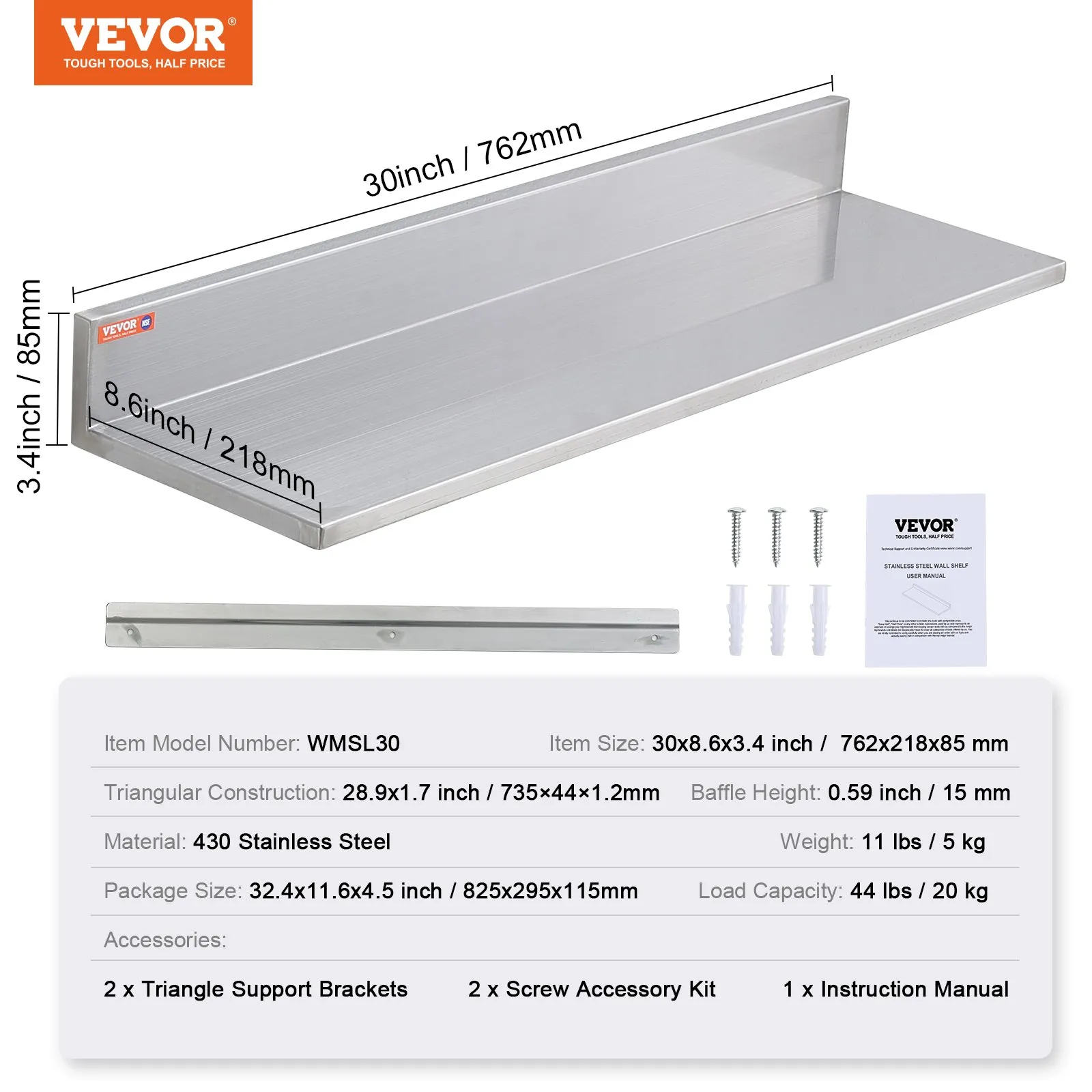 VEVOR stainless steel shelf, 30x8.6x3.4 inches, includes brackets, screws, and instruction manual.