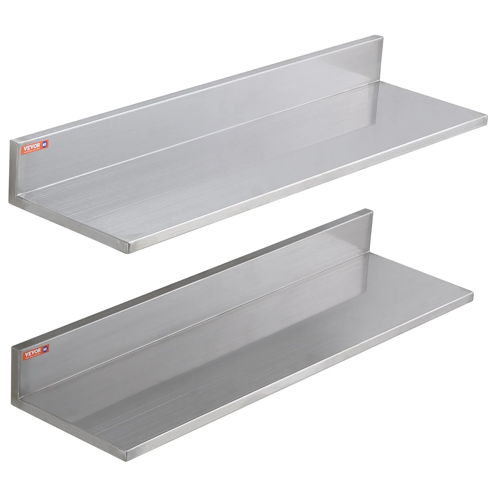 two VEVOR stainless steel shelves with a sleek, brushed metallic finish, displayed against a white background.