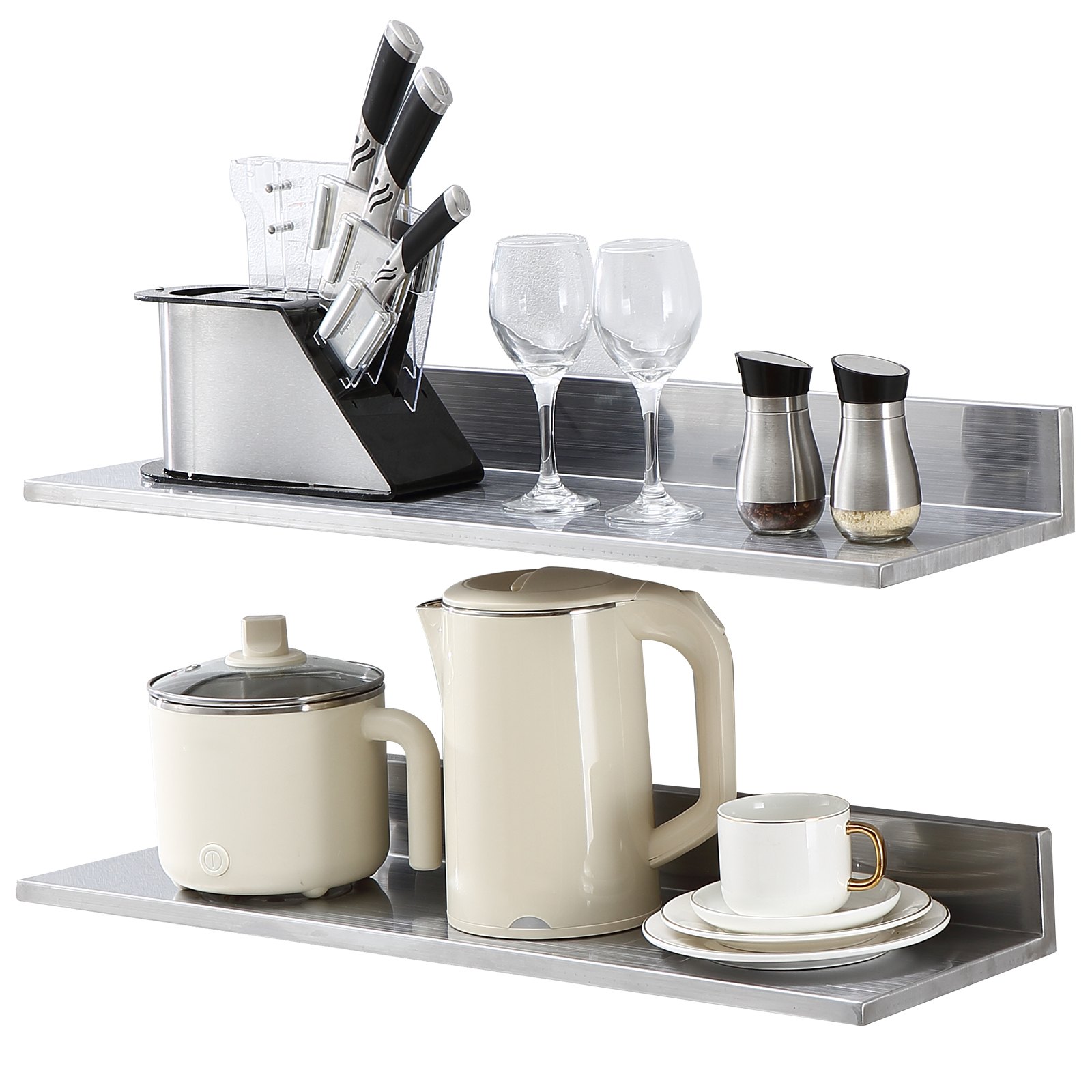 VEVOR 21.8 x 76.2 cm Stainless Steel Shelf, Wall Mounted Floating Shelving with Backsplash, 20 kg Load Capacity Commercial Shelves, Heavy Duty Storage Rack for Restaurant, Kitchen, Bar, Home, and Hotel