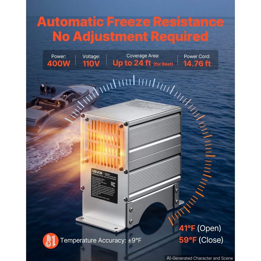 VEVOR Boat Engine Compartment Heater, 400W Bilge Heater Fit Boats Up to 24FT, with Self-Regulating PTC Element & Automatic Thermostat, IP68 Waterproof Fan, Winter Freeze Protection for Boats RVs