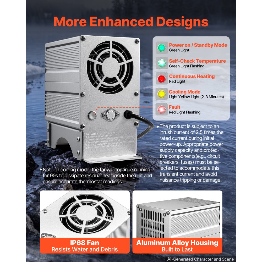 VEVOR Boat Engine Compartment Heater, 400W Bilge Heater Fit Boats Up to 24FT, with Self-Regulating PTC Element & Automatic Thermostat, IP68 Waterproof Fan, Winter Freeze Protection for Boats RVs