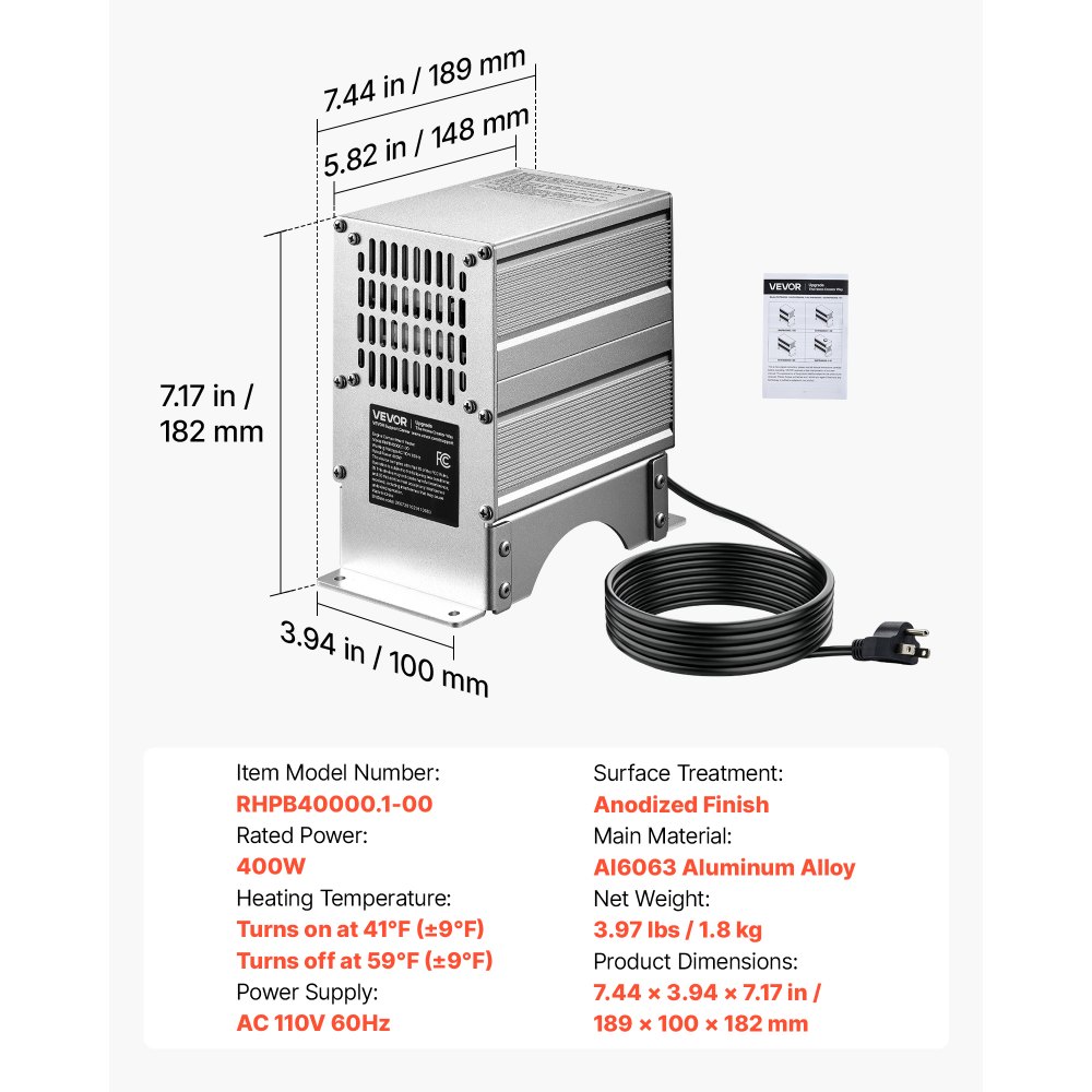 VEVOR Boat Engine Compartment Heater, 400W Bilge Heater Fit Boats Up to 24FT, with Self-Regulating PTC Element & Automatic Thermostat, IP68 Waterproof Fan, Winter Freeze Protection for Boats RVs