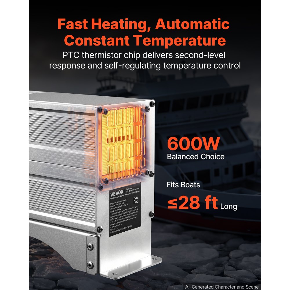 VEVOR Boat Engine Compartment Heater, 600W Bilge Heater Fit Boats Up to 28FT, with Self-Regulating PTC Element & Automatic Thermostat, IP68 Waterproof Fan, Winter Freeze Protection for Boats RVs