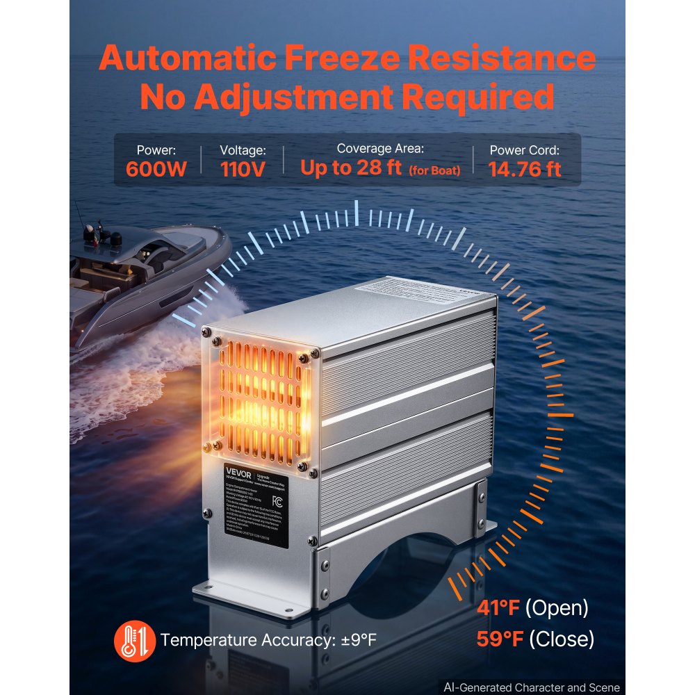VEVOR Boat Engine Compartment Heater, 600W Bilge Heater Fit Boats Up to 28FT, with Self-Regulating PTC Element & Automatic Thermostat, IP68 Waterproof Fan, Winter Freeze Protection for Boats RVs
