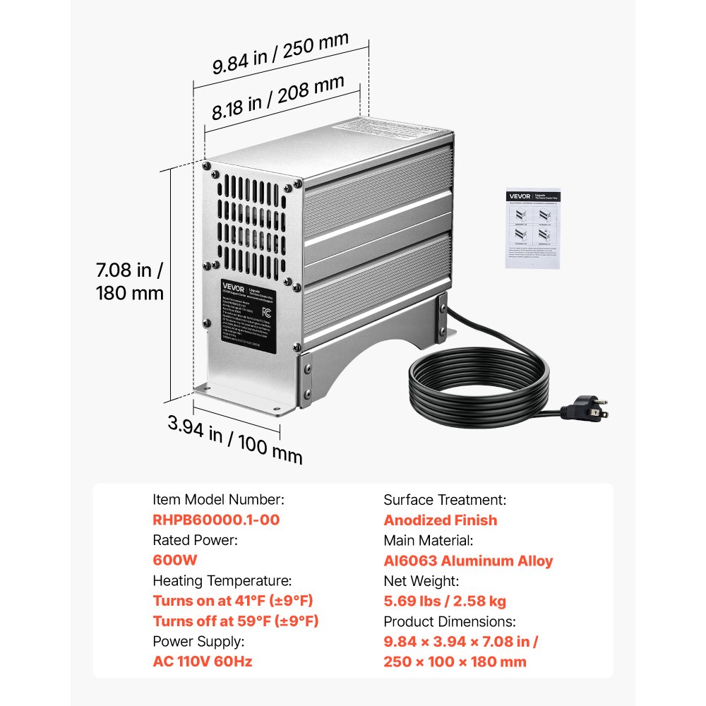 VEVOR Boat Engine Compartment Heater, 600W Bilge Heater Fit Boats Up to 28FT, with Self-Regulating PTC Element & Automatic Thermostat, IP68 Waterproof Fan, Winter Freeze Protection for Boats RVs