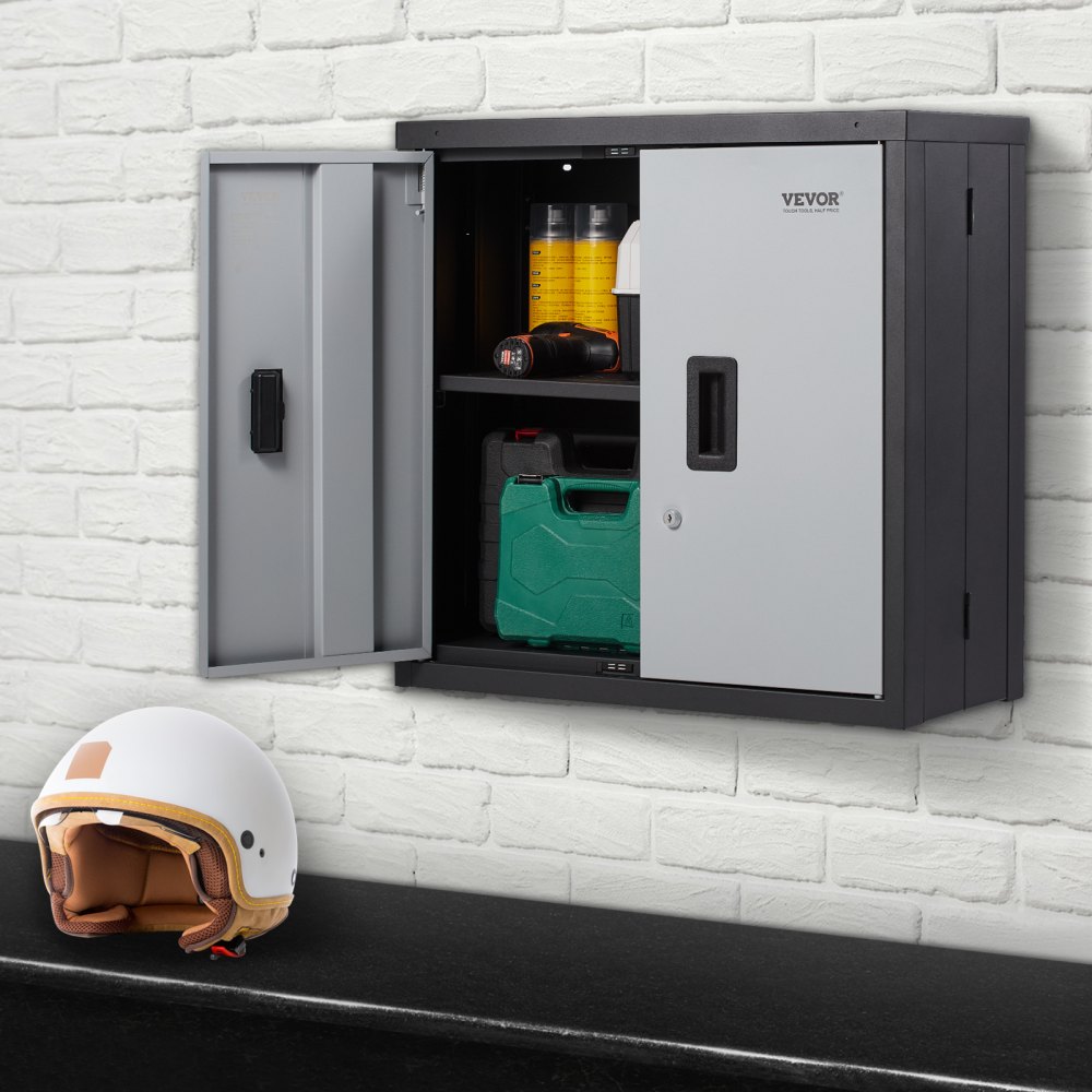 VEVOR foldable wall cabinet with open door showing tools, mounted on a white brick wall, helmet below.