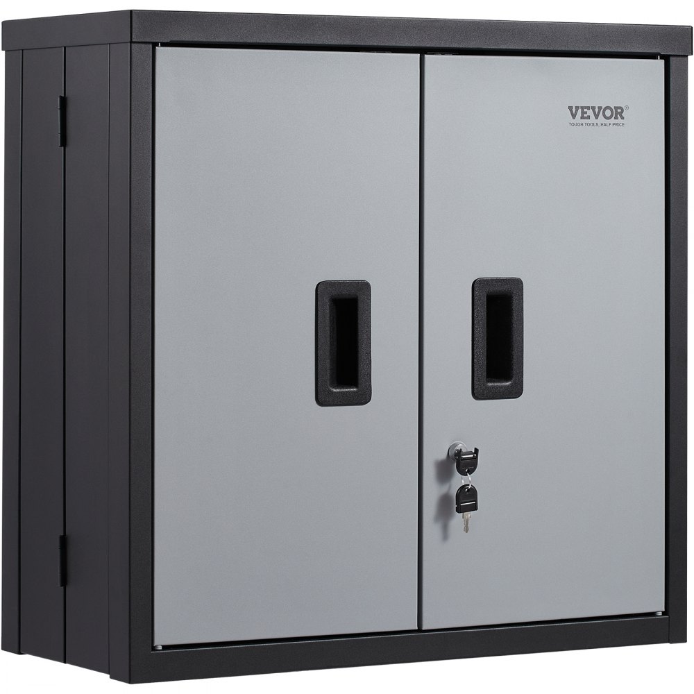 VEVOR foldable wall cabinet with grey doors, black frame, and secure locking system with keys.