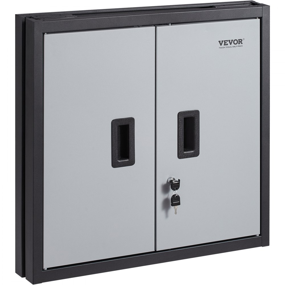VEVOR foldable wall cabinet with lockable double doors, gray finish, and black frame.