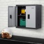 VEVOR foldable wall cabinet with open door showing tools, mounted on a white brick wall, helmet below.