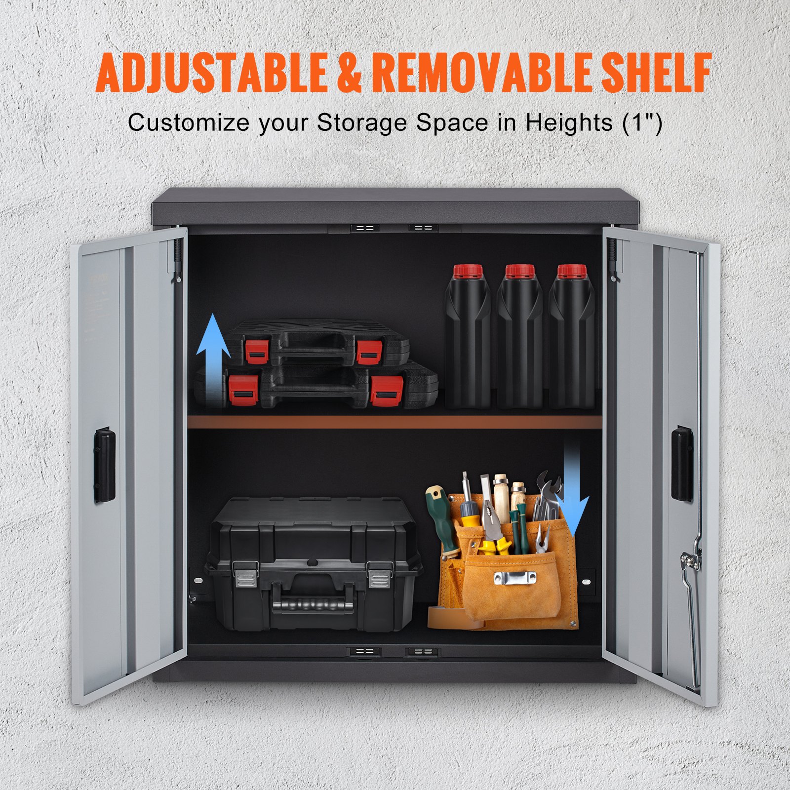VEVOR foldable wall cabinet with adjustable shelves, storing tools, toolboxes, and black bottles.