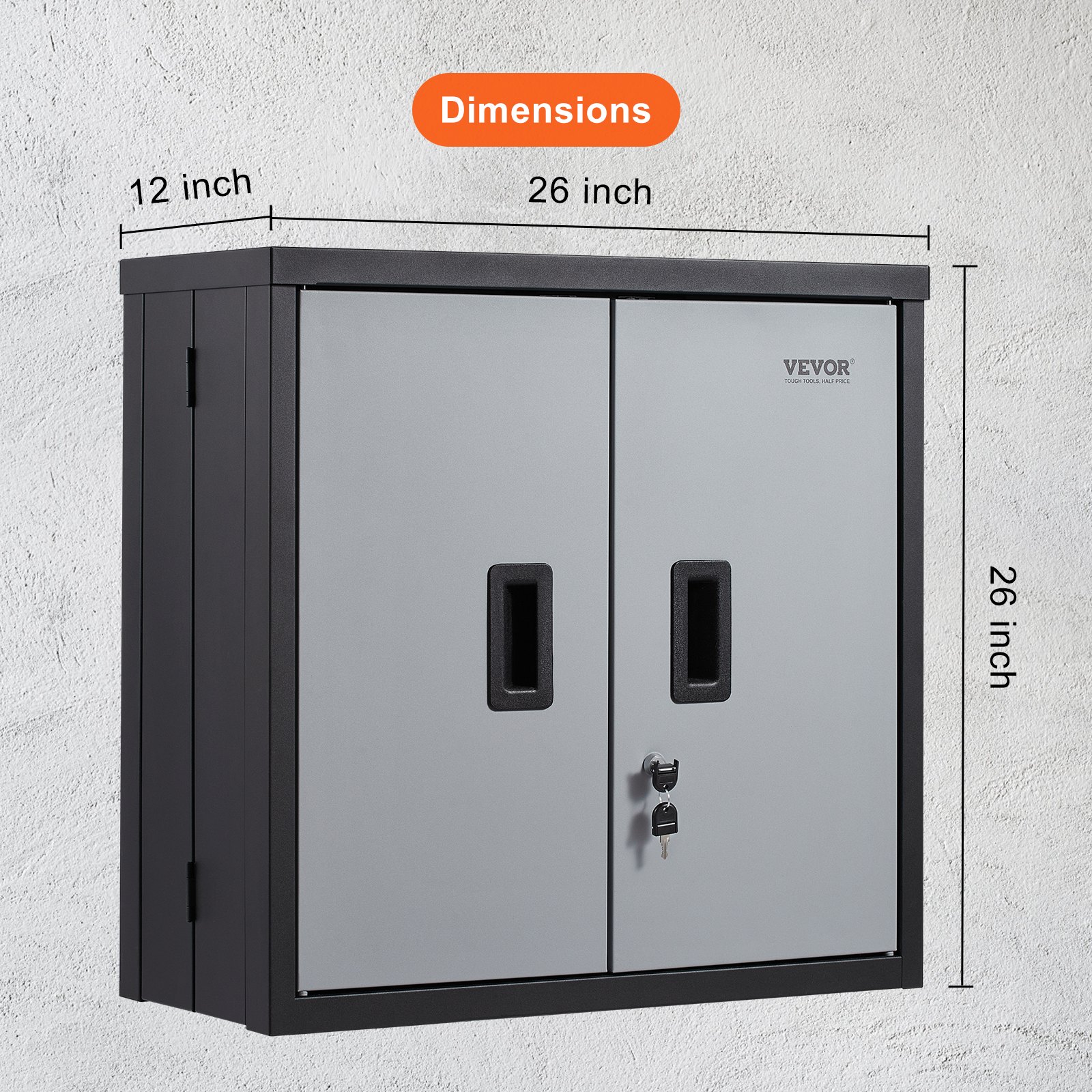 VEVOR foldable wall cabinet with lock, dimensions 26x12x26 inches, in gray and black finish.