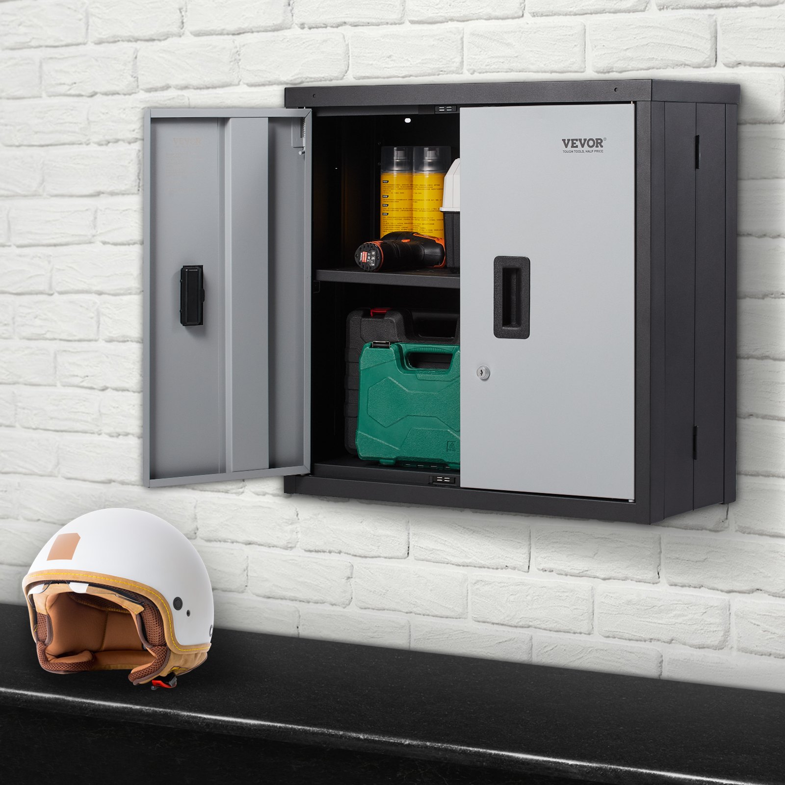 VEVOR foldable wall cabinet with open door showing tools, mounted on a white brick wall, helmet below.