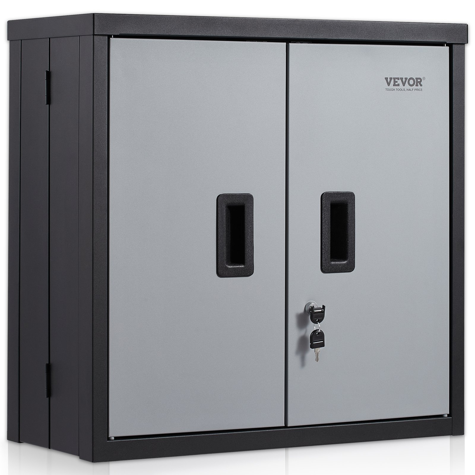 VEVOR foldable wall cabinet, black and gray with secure lock and keys.
