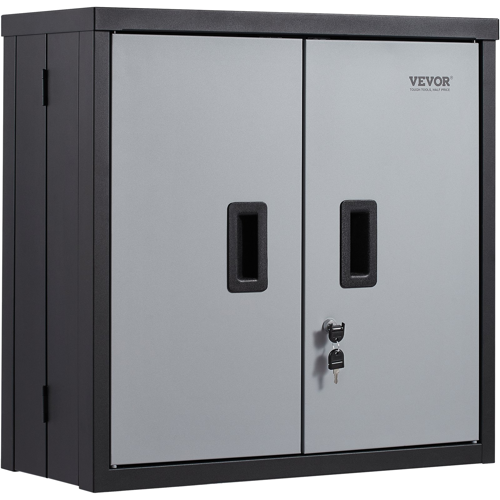 VEVOR foldable wall cabinet with grey doors, black frame, and secure locking system with keys.