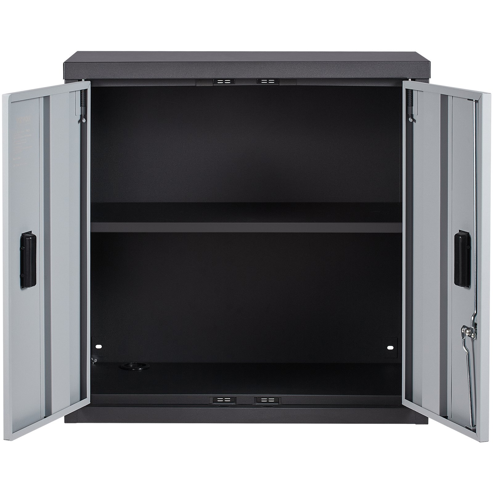 VEVOR foldable wall cabinet with open double doors and a single internal shelf.