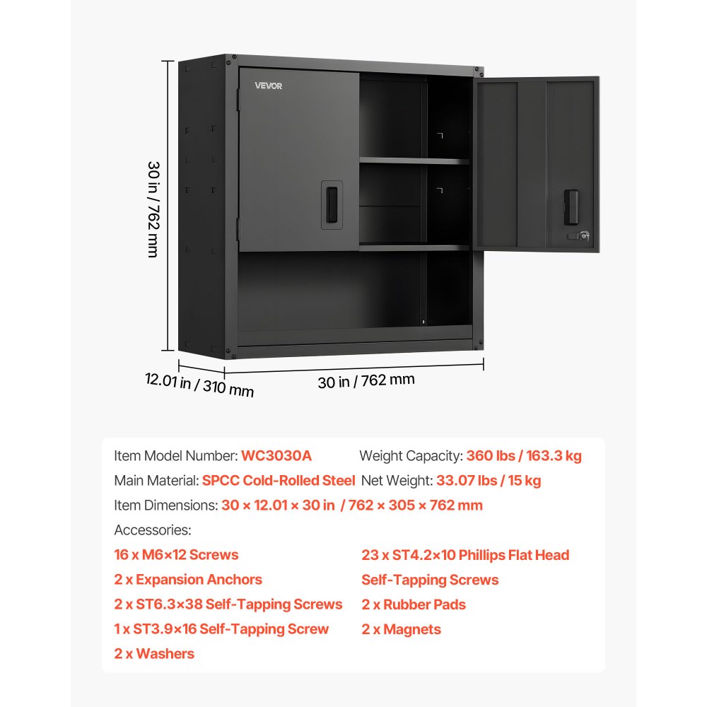 VEVOR Metal Wall Cabinet, 76.2W x 30.5D x 76.2H Inch, Steel Floating Hanging Storage Cabinet with Locking Doors and Adjustable Shelf for Garage, Basement, Kitchen, Warehouse Assembly Required, Black