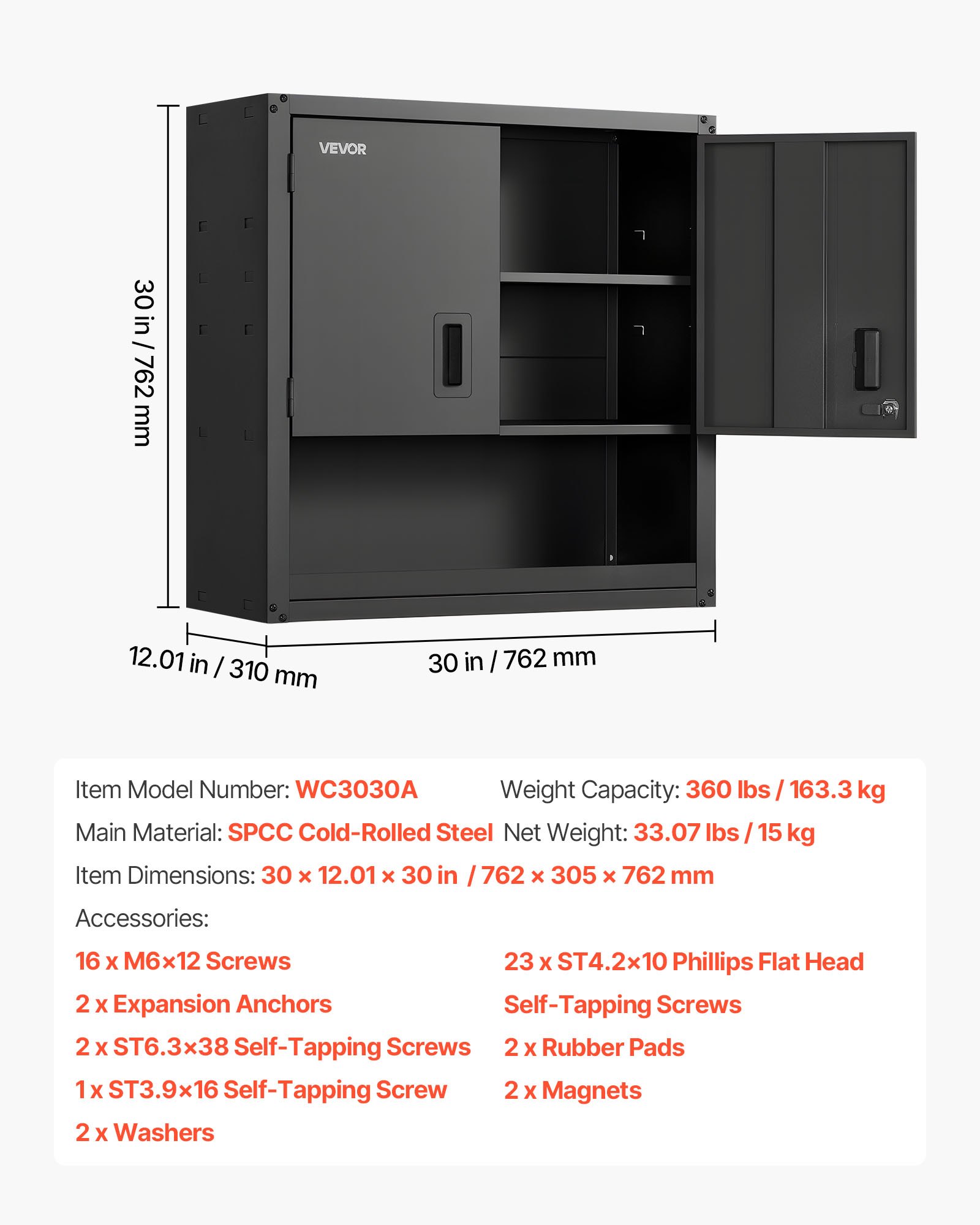VEVOR Metal Wall Cabinet, 76.2W x 30.5D x 76.2H Inch, Steel Floating Hanging Storage Cabinet with Locking Doors and Adjustable Shelf for Garage, Basement, Kitchen, Warehouse Assembly Required, Black