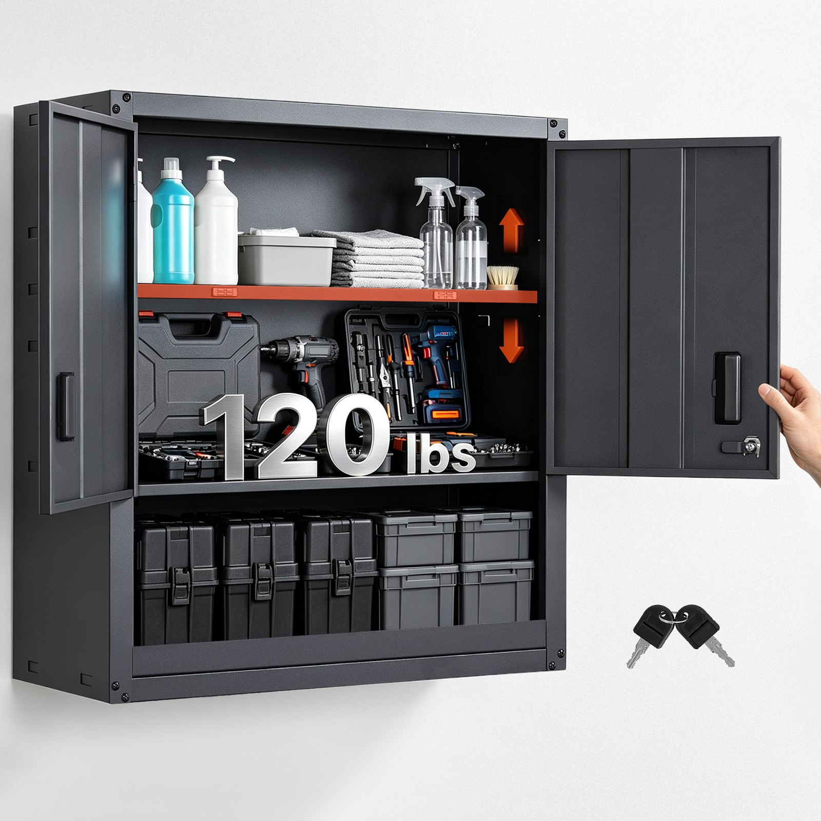 VEVOR Metal Wall Cabinet, 76.2W x 30.5D x 76.2H Inch, Steel Floating Hanging Storage Cabinet with Locking Doors and Adjustable Shelf for Garage, Basement, Kitchen, Warehouse Assembly Required, Black