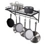 black VEVOR pot rack with cookware, including pots and pans, hanging and on the shelf.