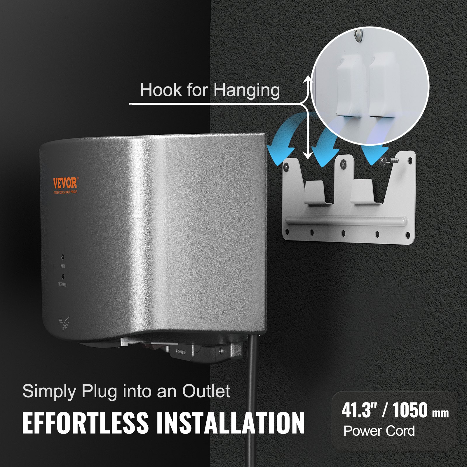 VEVOR Heavy Duty Commercial Hand Dryer, 1400W Automatic High Speed ABS Warm Wind Hand Blower, 220V-240V & Built-In Filter Sponge & Low Noise & Effortless Installation, Compliant for Industry Home