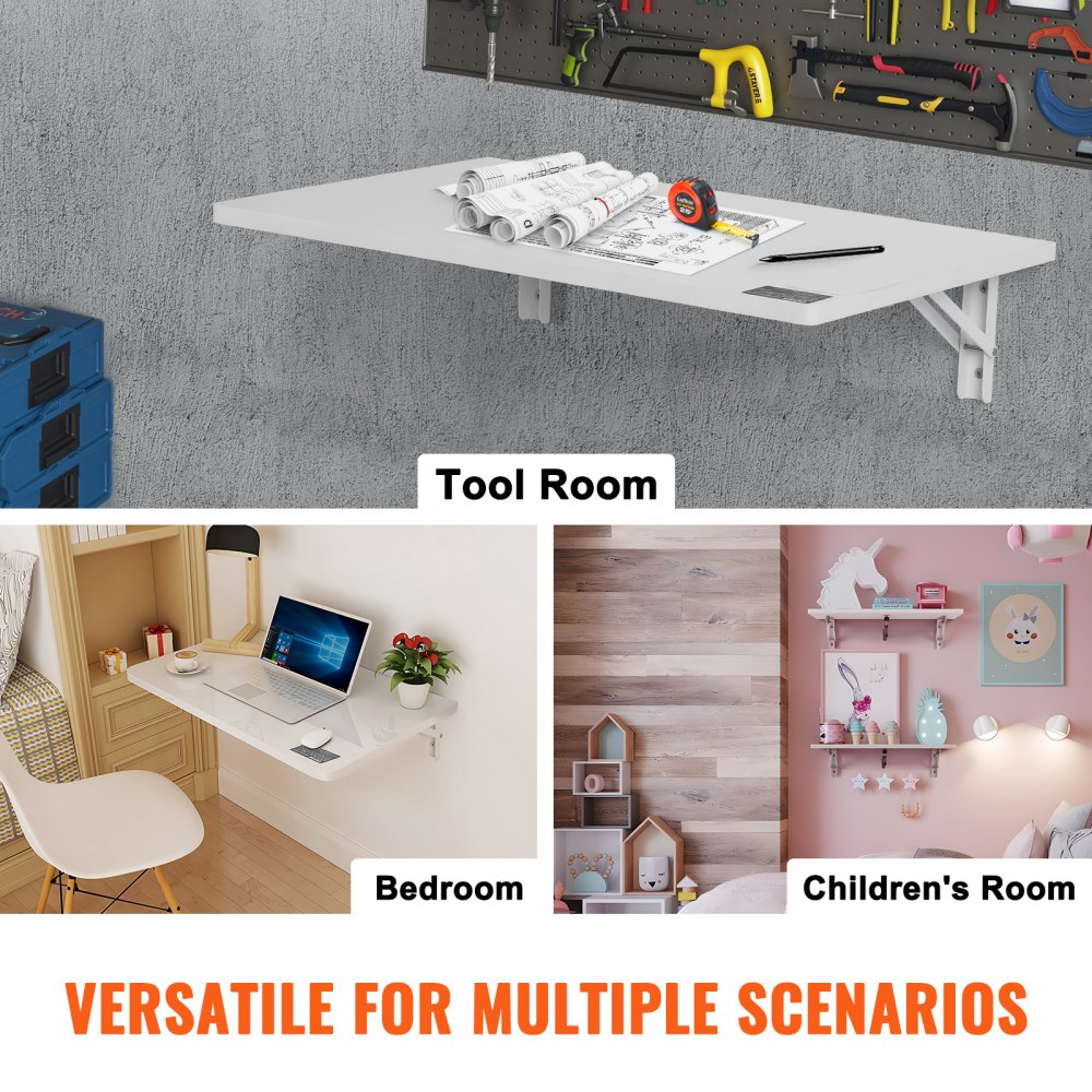 VEVOR Wall Mounted Folding Table, 600 x 400 mm Wall Mount Drop Leaf Table, Floating Desk with Iron Bracket, Fold Down Desk for Small Spaces, Home Office, Dining, Laundry Room, Kitchen, Bar, White