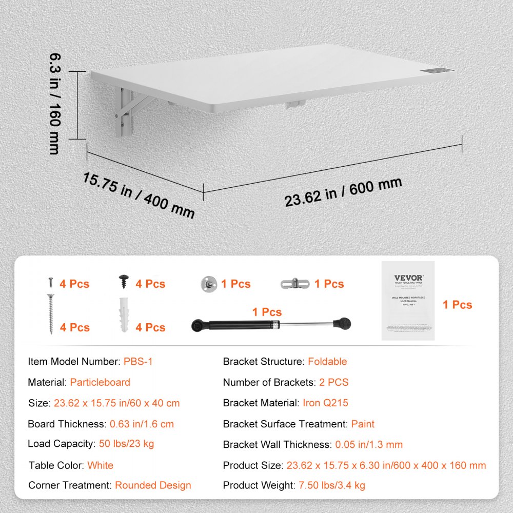 VEVOR Wall Mounted Folding Table, 600 x 400 mm Wall Mount Drop Leaf Table, Floating Desk with Iron Bracket, Fold Down Desk for Small Spaces, Home Office, Dining, Laundry Room, Kitchen, Bar, White