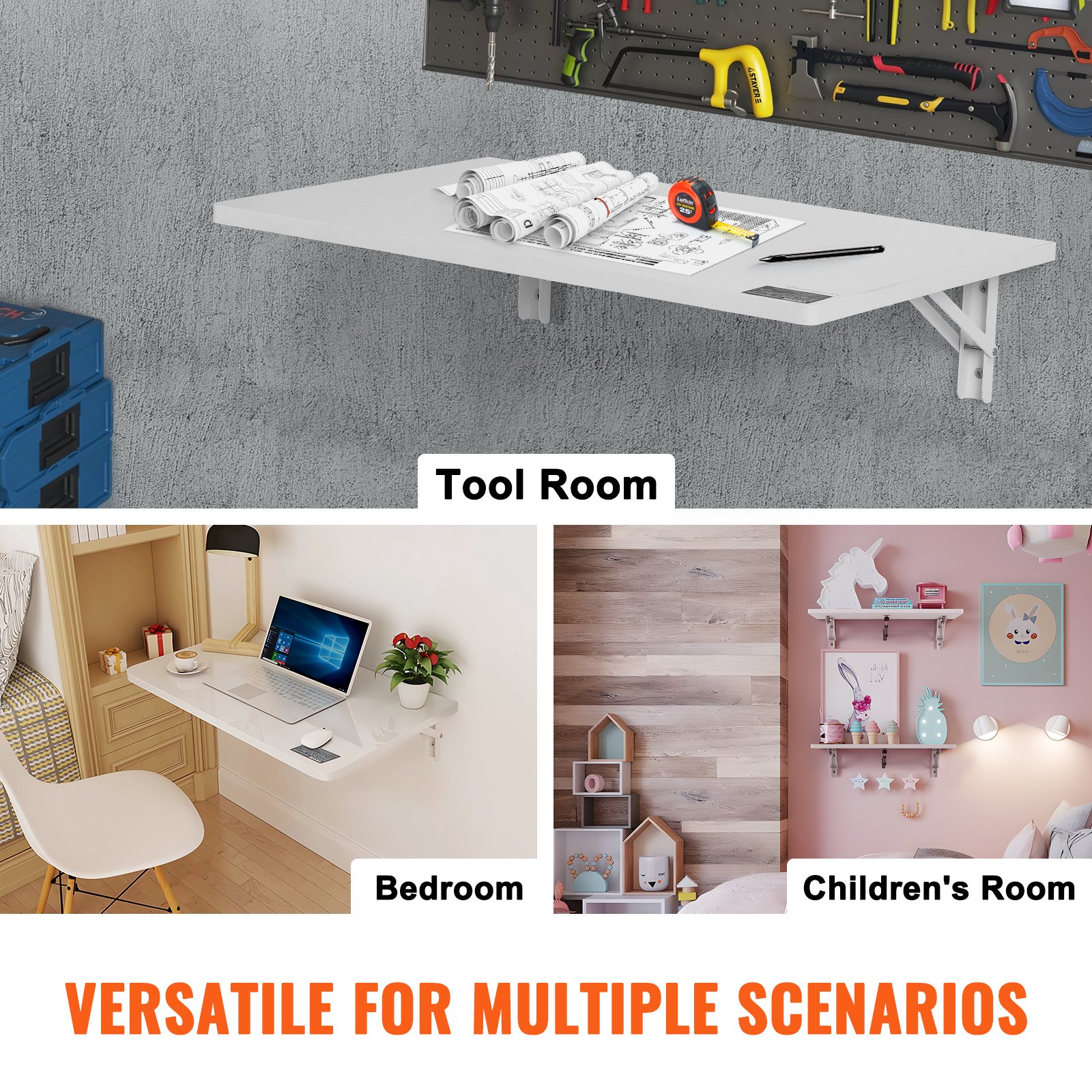 VEVOR Wall Mounted Folding Table, 600 x 400 mm Wall Mount Drop Leaf Table, Floating Desk with Iron Bracket, Fold Down Desk for Small Spaces, Home Office, Dining, Laundry Room, Kitchen, Bar, White